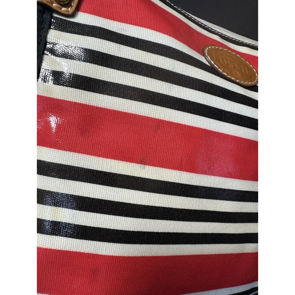 Fossil Keyper Cross Body Satchel Purse Stripes Vinyl Shiny - Picture 4 of 11